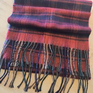 Vintage "Cashmaire" Goodfellow Scarf, Red/Blue Plaid 53"×10",Fringe, Classic